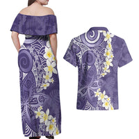 Violet Polynesian Tribal Frangipani Tropical Vibe Couples Matching Off Shoulder Maxi Dress and Hawaiian Shirt