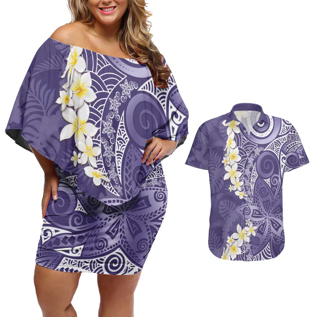 Violet Polynesian Tribal Frangipani Tropical Vibe Couples Matching Off Shoulder Short Dress and Hawaiian Shirt