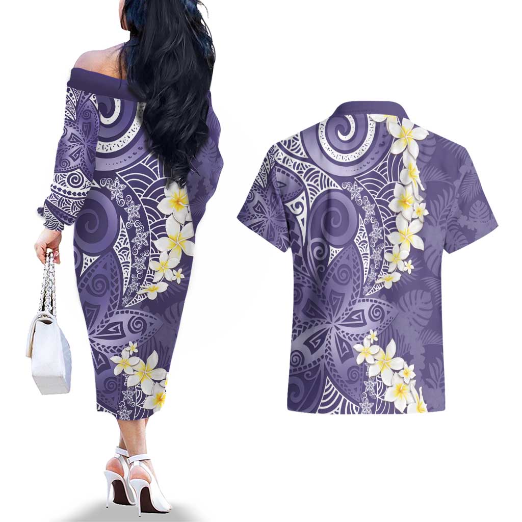 Violet Polynesian Tribal Frangipani Tropical Vibe Couples Matching Off The Shoulder Long Sleeve Dress and Hawaiian Shirt