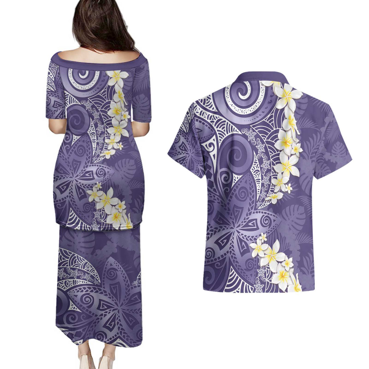 Violet Polynesian Tribal Frangipani Tropical Vibe Couples Matching Puletasi and Hawaiian Shirt