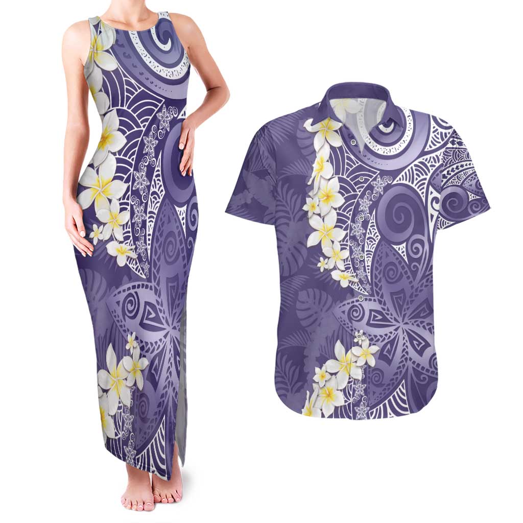 Violet Polynesian Tribal Frangipani Tropical Vibe Couples Matching Tank Maxi Dress and Hawaiian Shirt