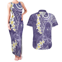Violet Polynesian Tribal Frangipani Tropical Vibe Couples Matching Tank Maxi Dress and Hawaiian Shirt