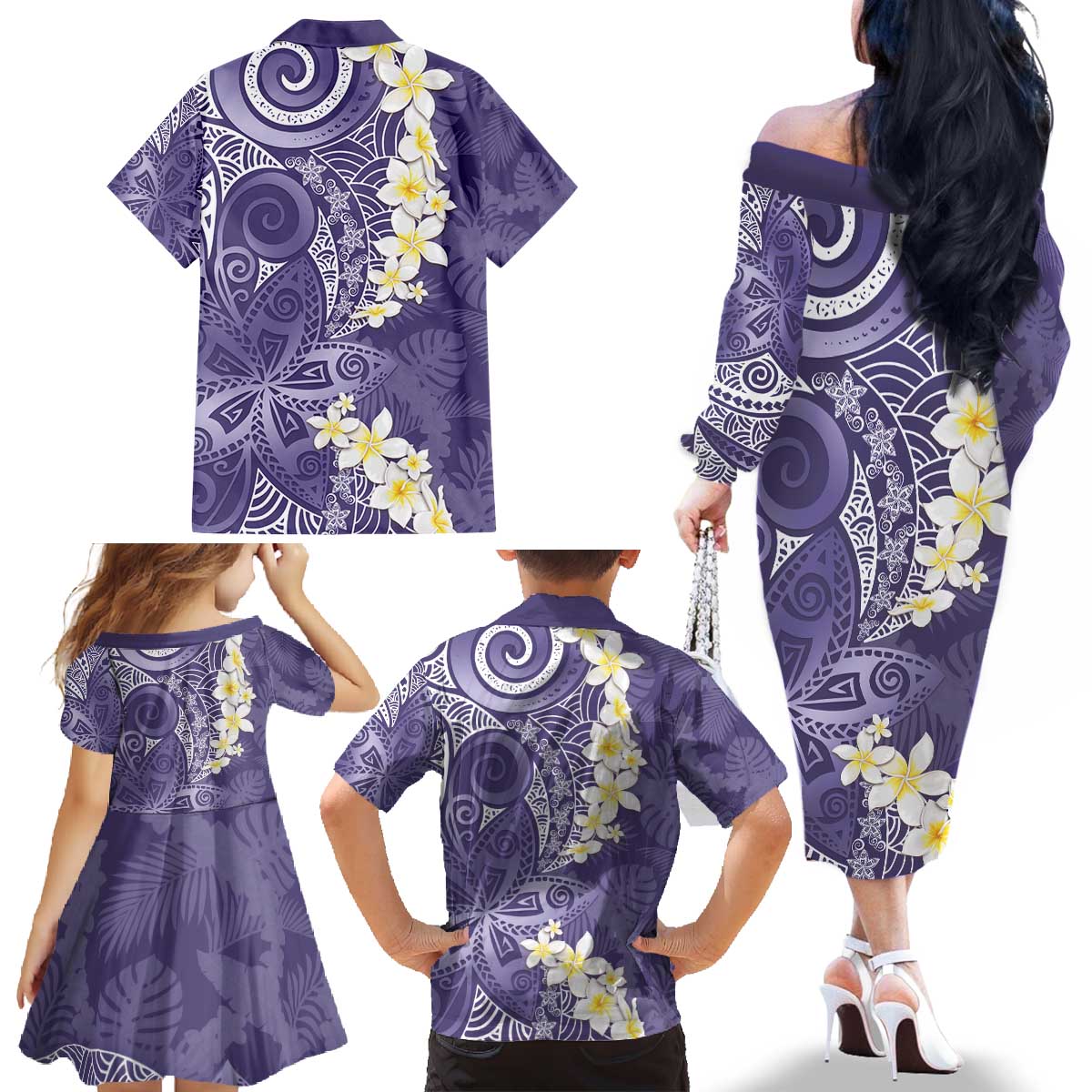 Violet Polynesian Tribal Frangipani Tropical Vibe Family Matching Off The Shoulder Long Sleeve Dress and Hawaiian Shirt