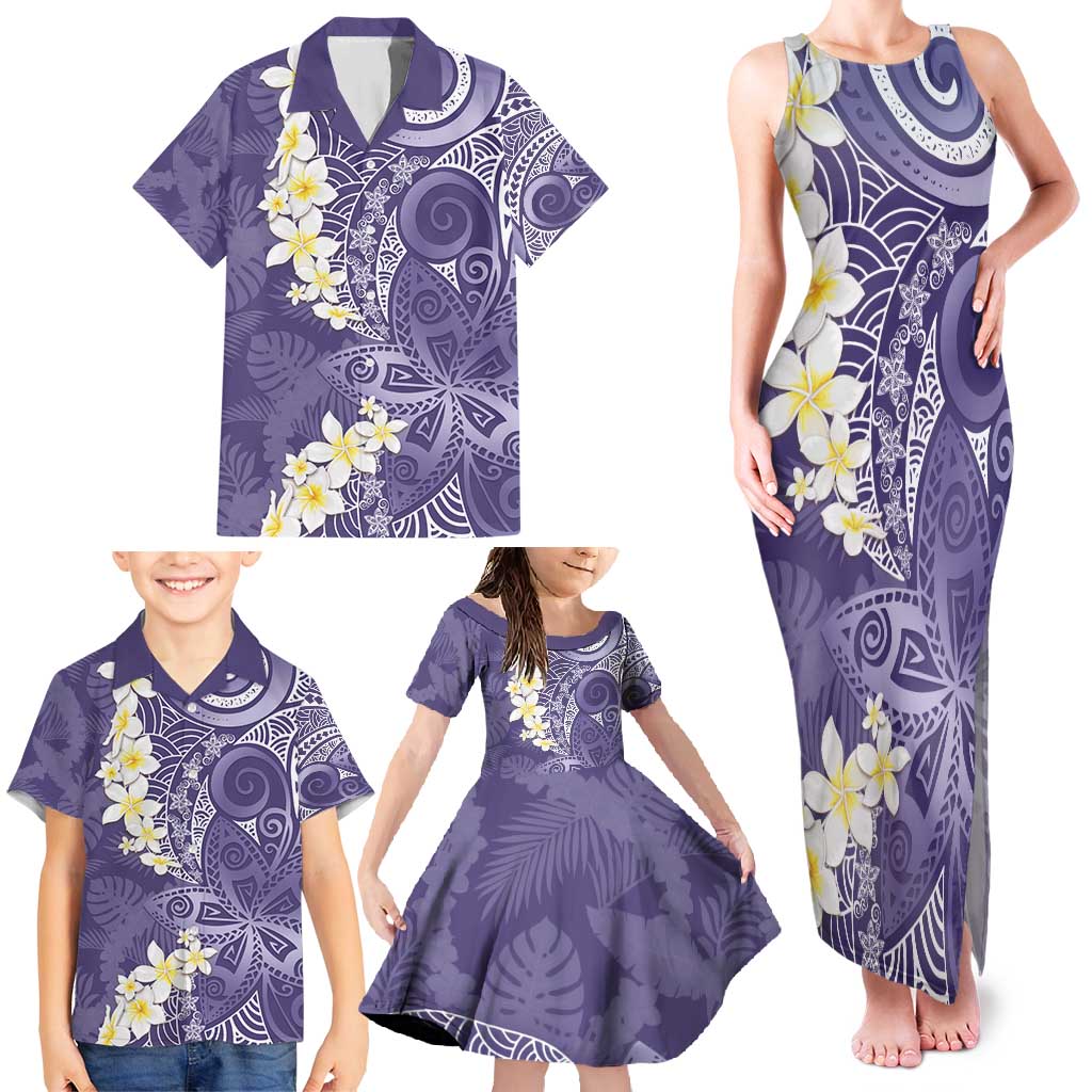 Violet Polynesian Tribal Frangipani Tropical Vibe Family Matching Tank Maxi Dress and Hawaiian Shirt