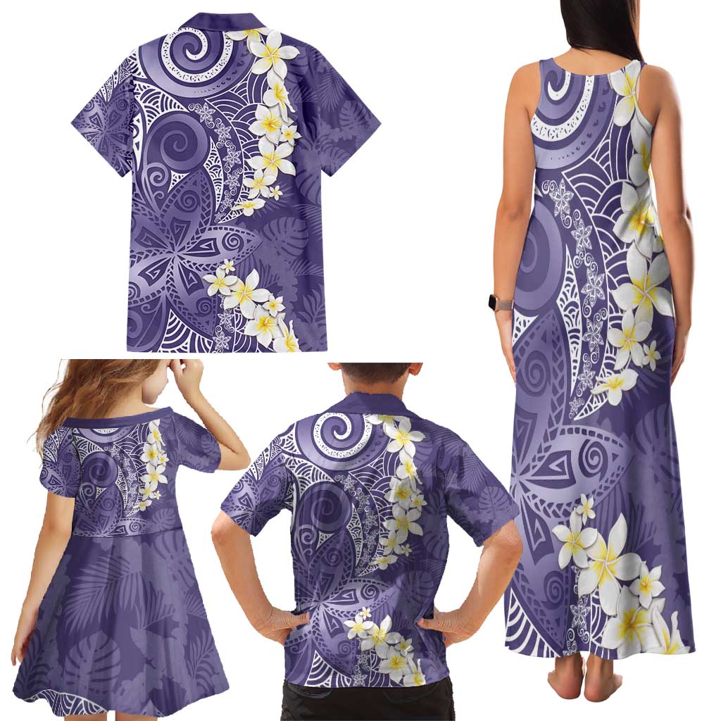 Violet Polynesian Tribal Frangipani Tropical Vibe Family Matching Tank Maxi Dress and Hawaiian Shirt