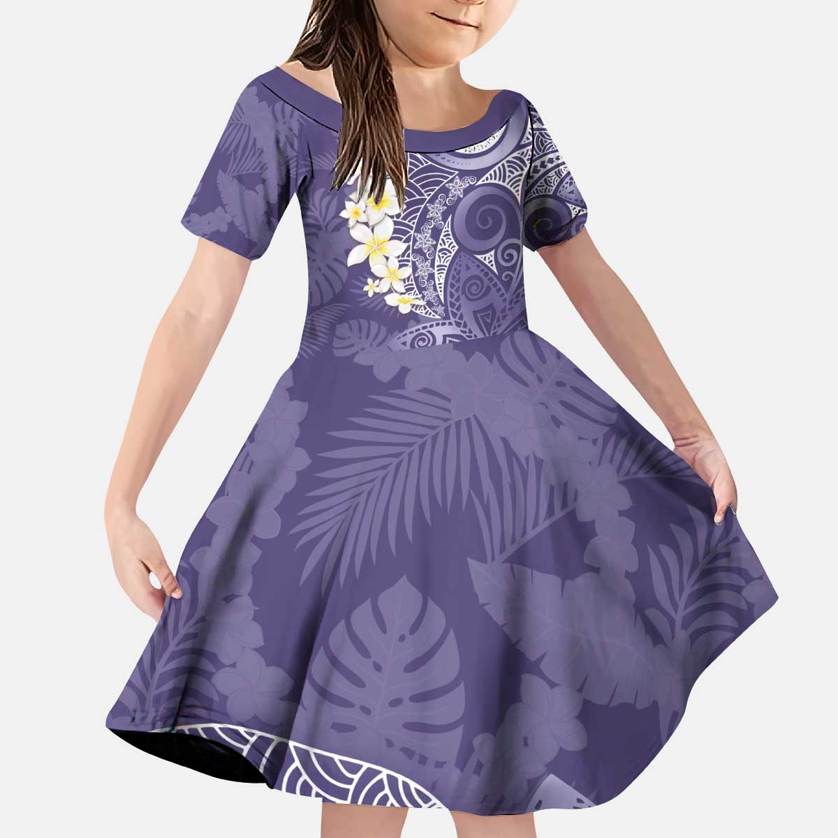 Violet Polynesian Tribal Frangipani Tropical Vibe Kid Short Sleeve Dress
