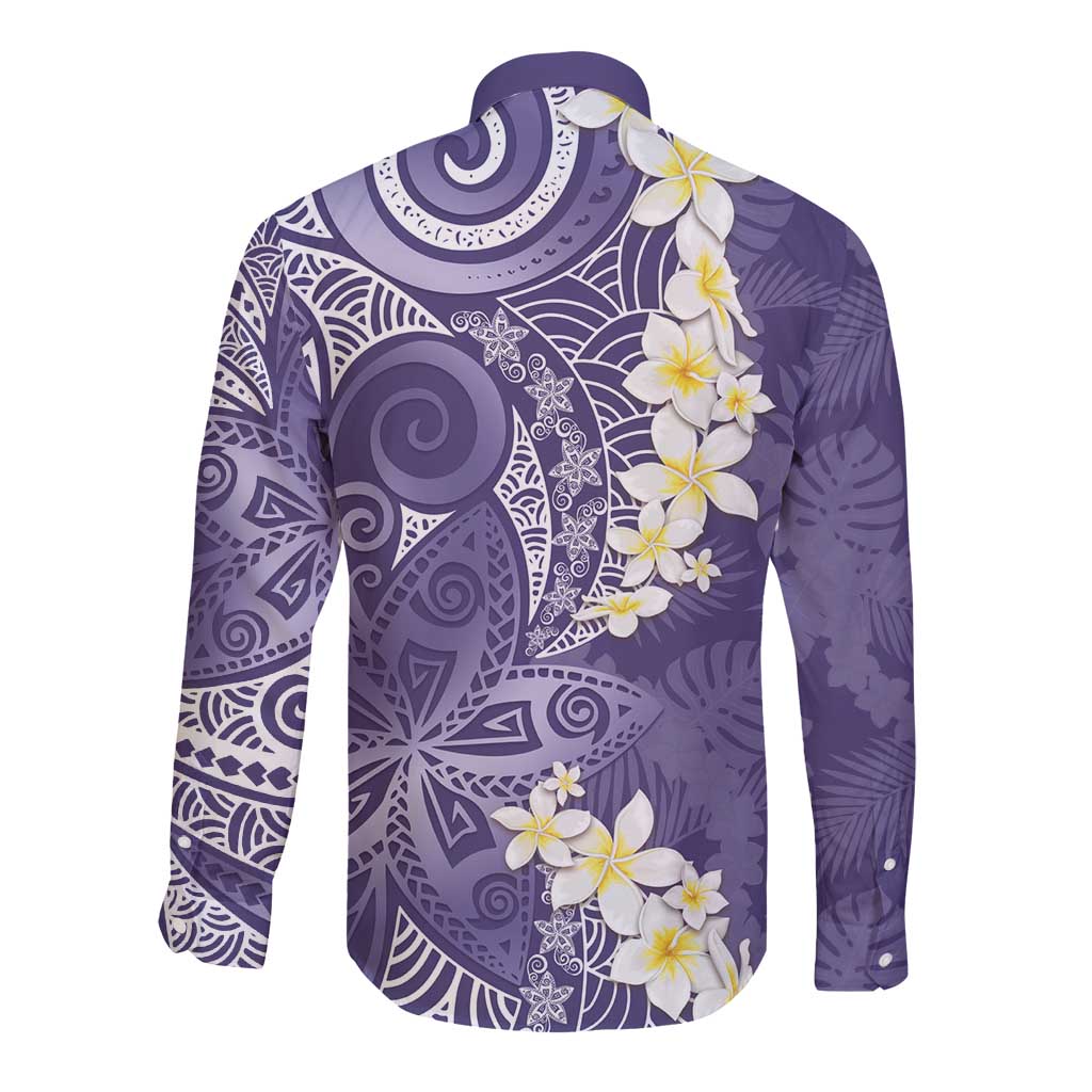 Violet Polynesian Tribal Frangipani Tropical Vibe Long Sleeve Button Shirt