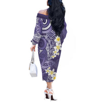 Violet Polynesian Tribal Frangipani Tropical Vibe Off The Shoulder Long Sleeve Dress