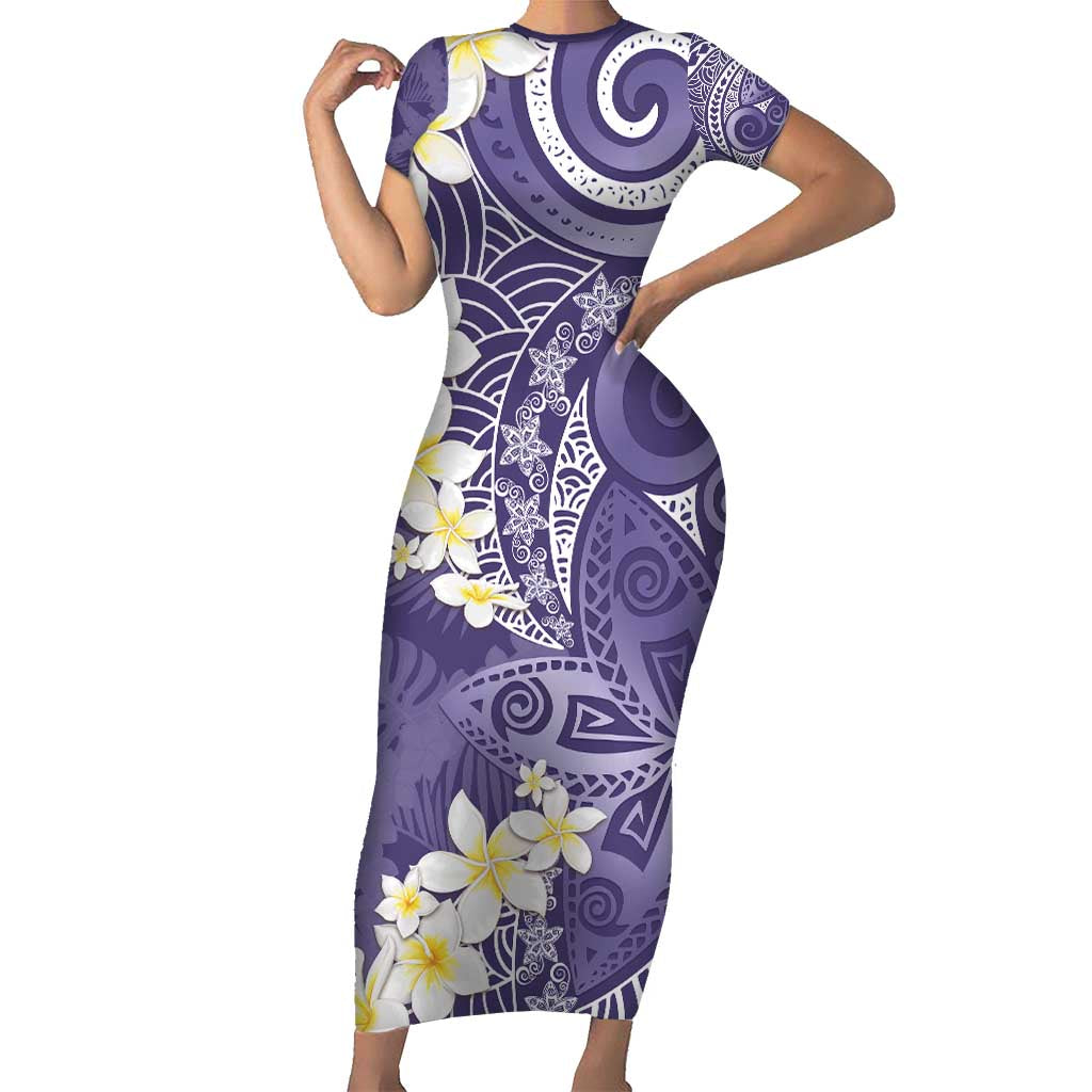 Violet Polynesian Tribal Frangipani Tropical Vibe Short Sleeve Bodycon Dress
