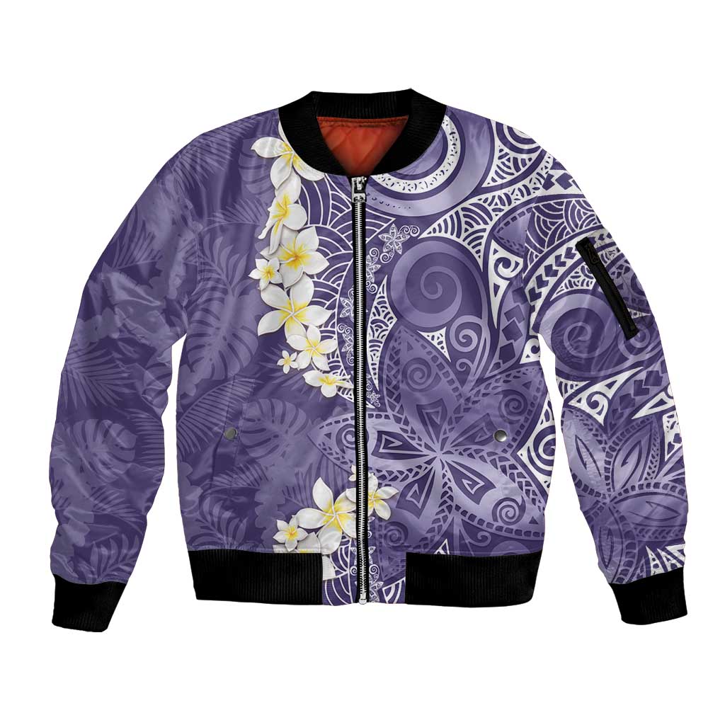 Violet Polynesian Tribal Frangipani Tropical Vibe Sleeve Zip Bomber Jacket