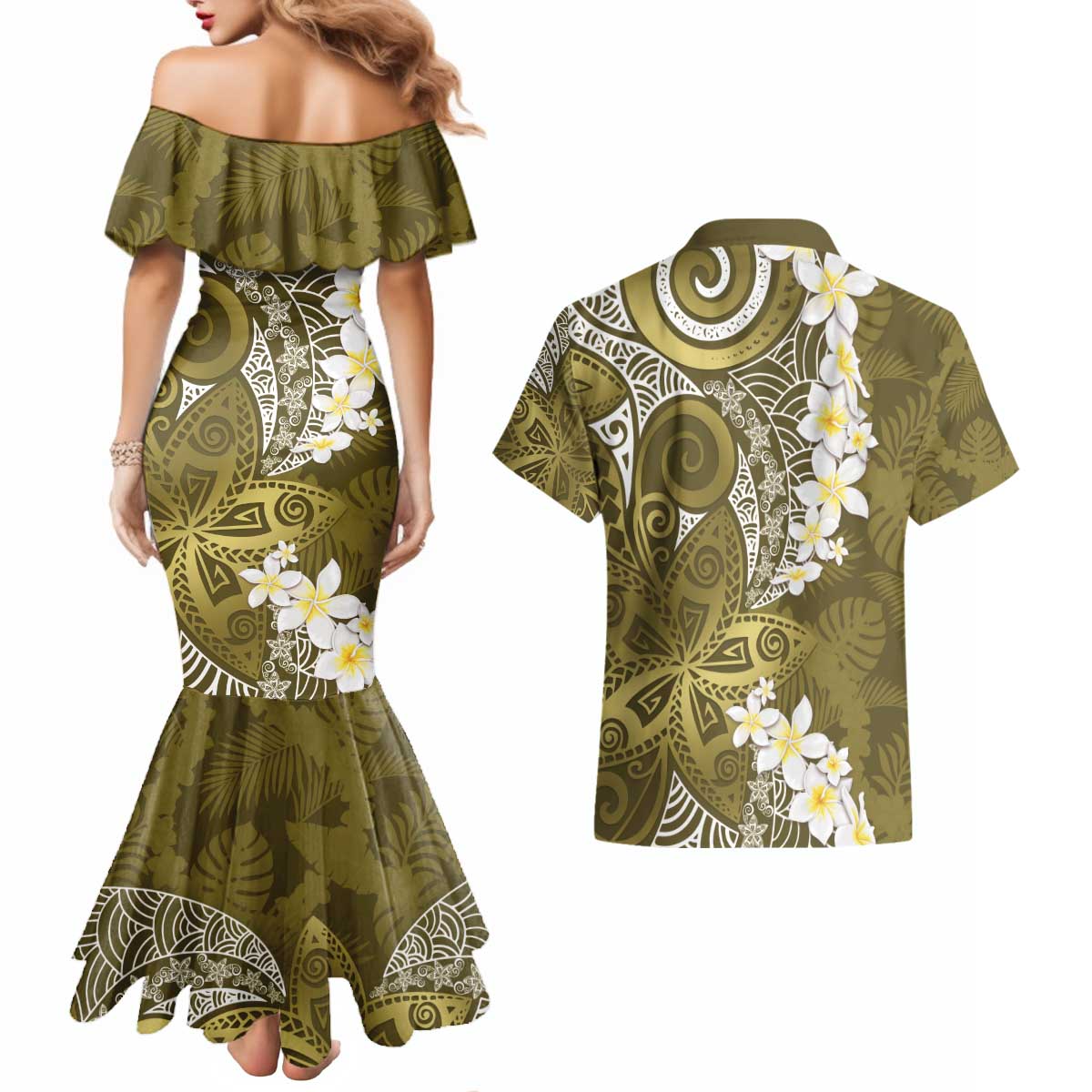 Gold Polynesian Tribal Frangipani Tropical Vibe Couples Matching Mermaid Dress and Hawaiian Shirt