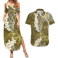 Gold Polynesian Tribal Frangipani Tropical Vibe Couples Matching Summer Maxi Dress and Hawaiian Shirt