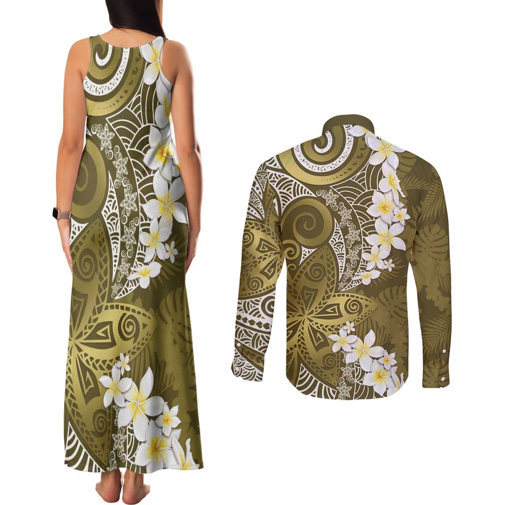 Gold Polynesian Tribal Frangipani Tropical Vibe Couples Matching Tank Maxi Dress and Long Sleeve Button Shirt LT14 - Polynesian Pride
