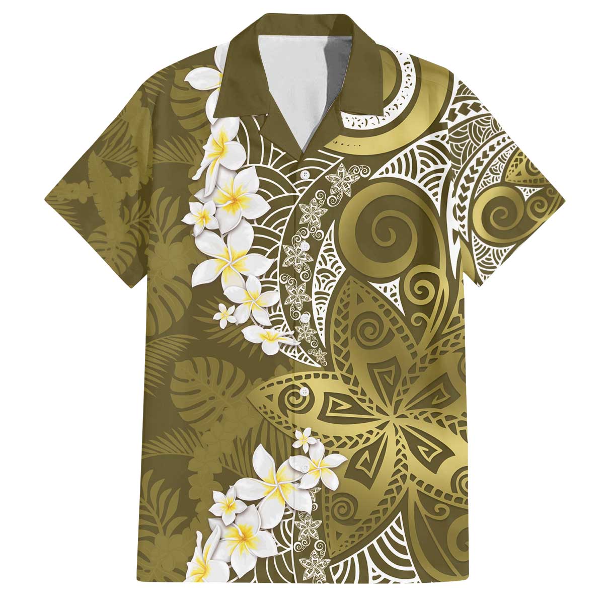 Gold Polynesian Tribal Frangipani Tropical Vibe Family Matching Off The Shoulder Long Sleeve Dress and Hawaiian Shirt