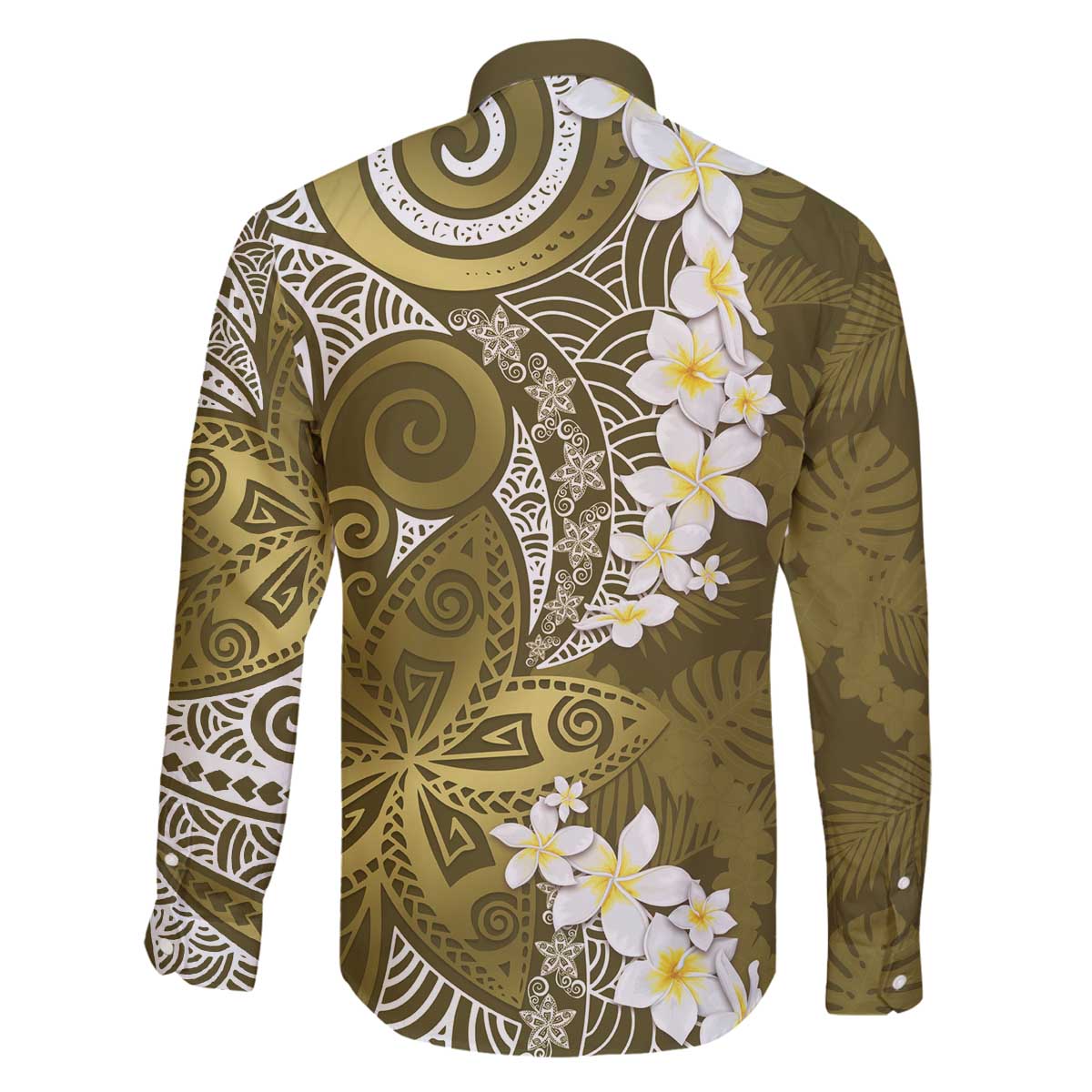 Gold Polynesian Tribal Frangipani Tropical Vibe Family Matching Off The Shoulder Long Sleeve Dress and Hawaiian Shirt
