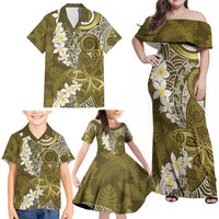 Gold Polynesian Tribal Frangipani Tropical Vibe Family Matching Off Shoulder Maxi Dress and Hawaiian Shirt