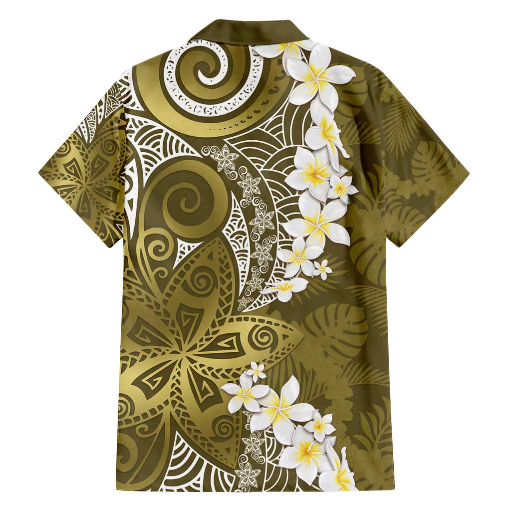 Gold Polynesian Tribal Frangipani Tropical Vibe Family Matching Puletasi and Hawaiian Shirt
