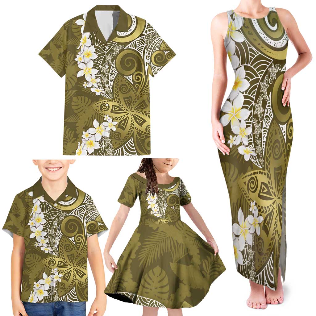 Gold Polynesian Tribal Frangipani Tropical Vibe Family Matching Tank Maxi Dress and Hawaiian Shirt