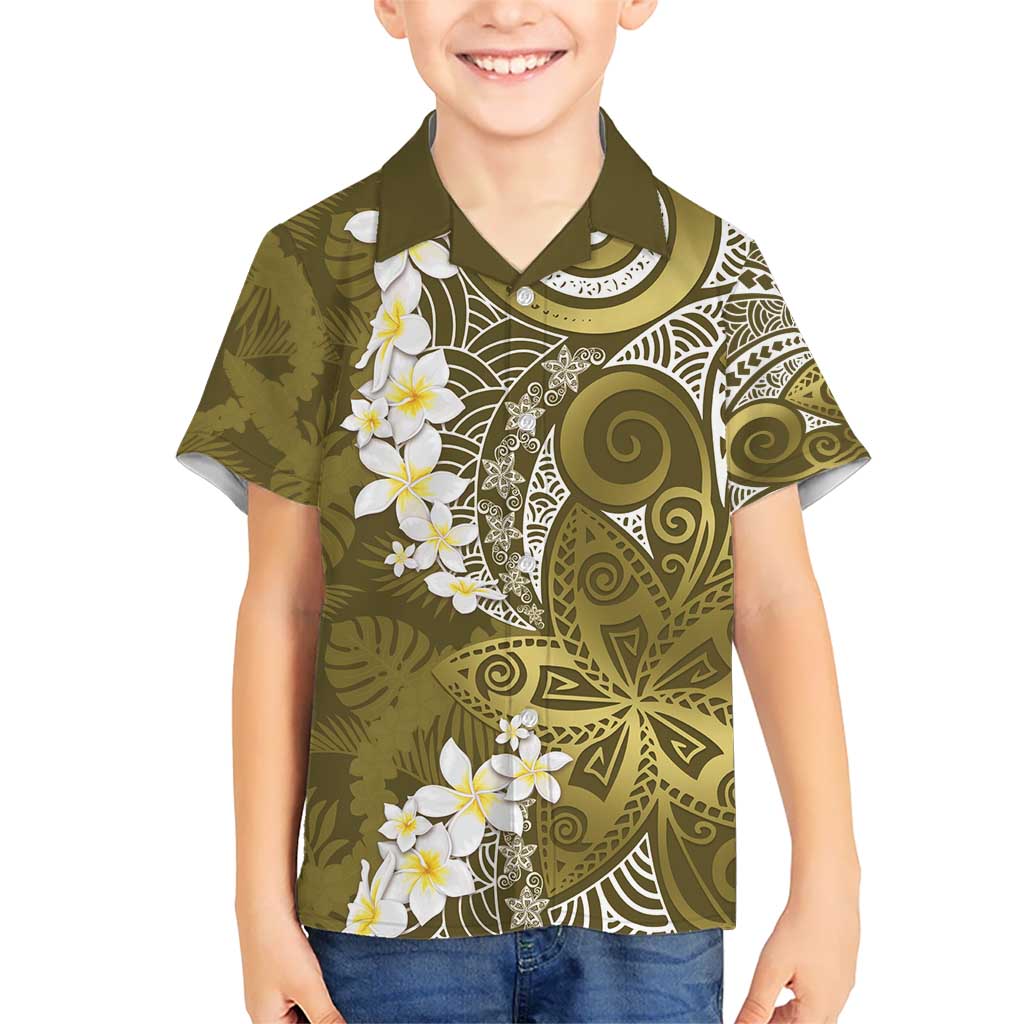 Gold Polynesian Tribal Frangipani Tropical Vibe Kid Hawaiian Shirt