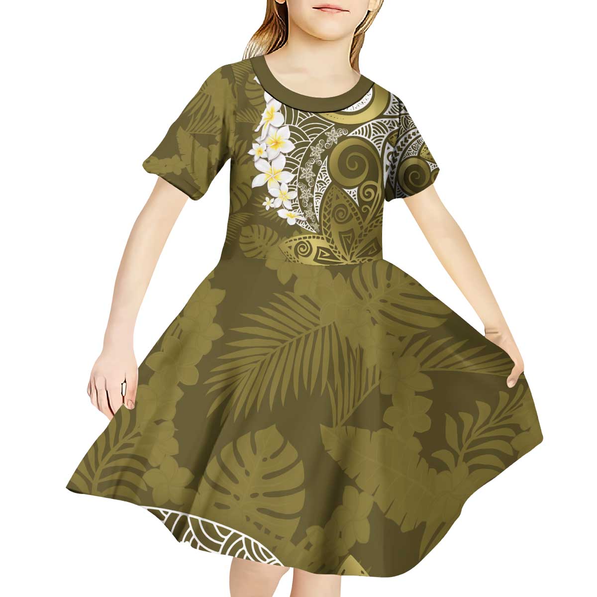 Gold Polynesian Tribal Frangipani Tropical Vibe Kid Short Sleeve Dress
