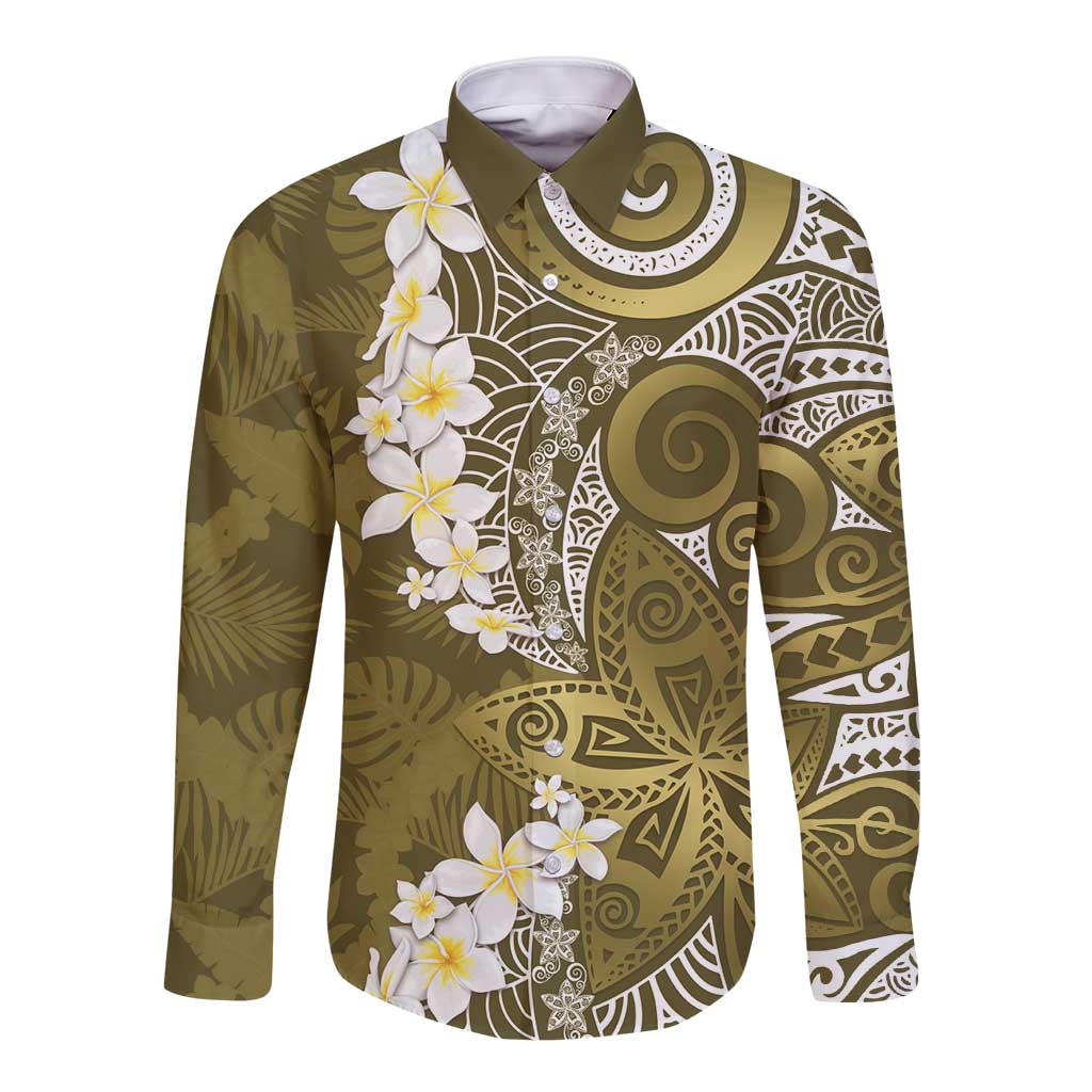 Gold Polynesian Tribal Frangipani Tropical Vibe Long Sleeve Button Shirt LT14 Unisex Gold - Polynesian Pride