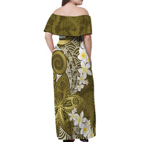 Gold Polynesian Tribal Frangipani Tropical Vibe Off Shoulder Maxi Dress