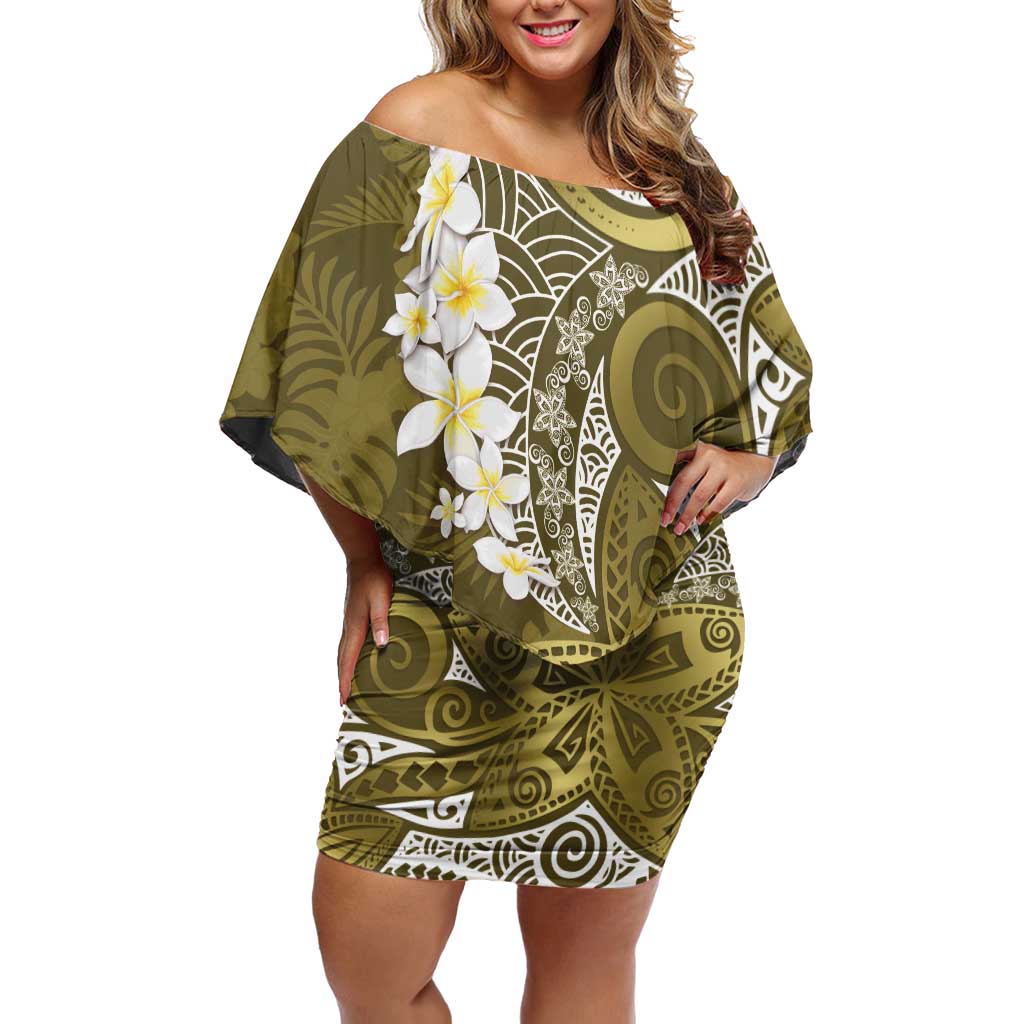 Gold Polynesian Tribal Frangipani Tropical Vibe Off Shoulder Short Dress