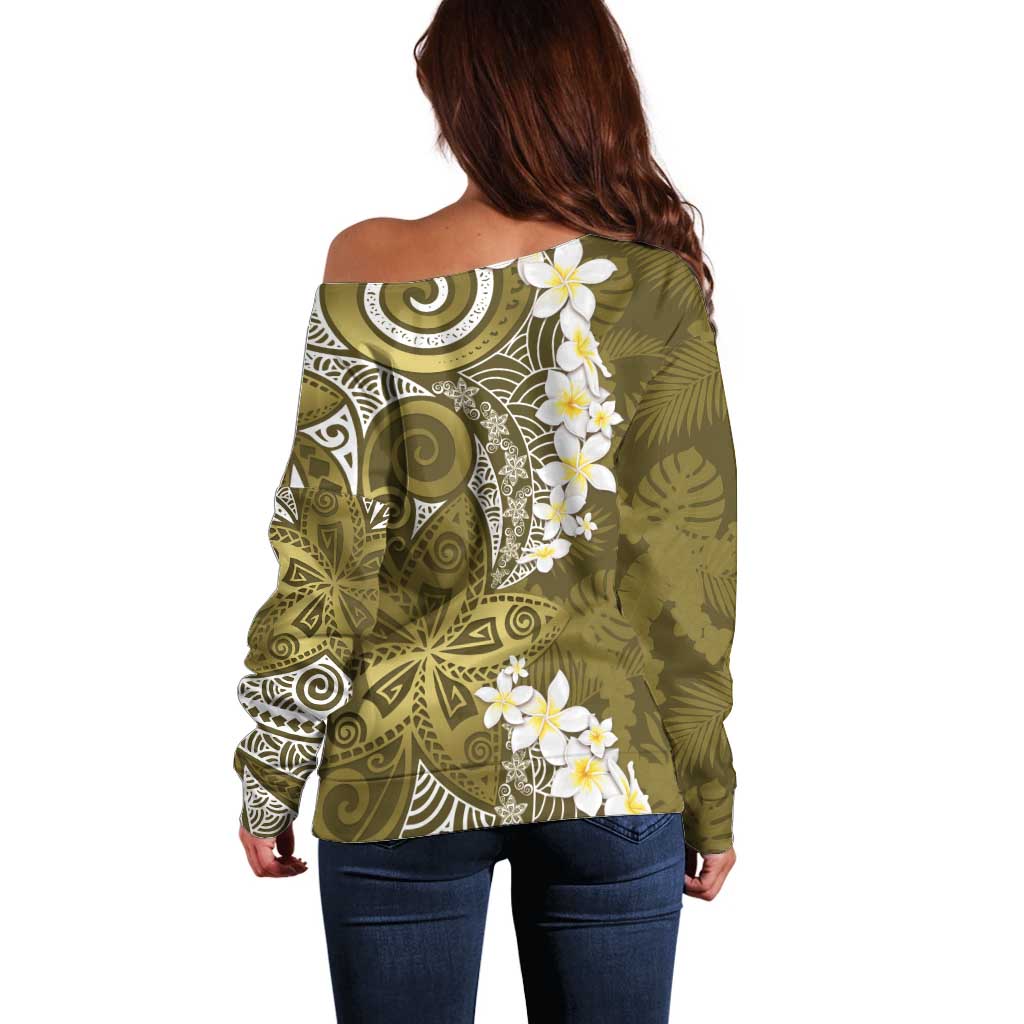 Gold Polynesian Tribal Frangipani Tropical Vibe Off Shoulder Sweater