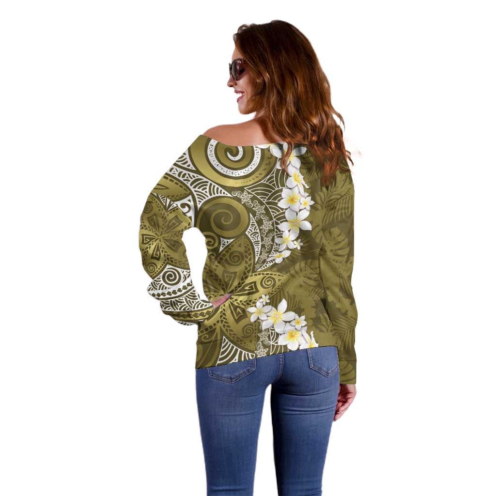 Gold Polynesian Tribal Frangipani Tropical Vibe Off Shoulder Sweater