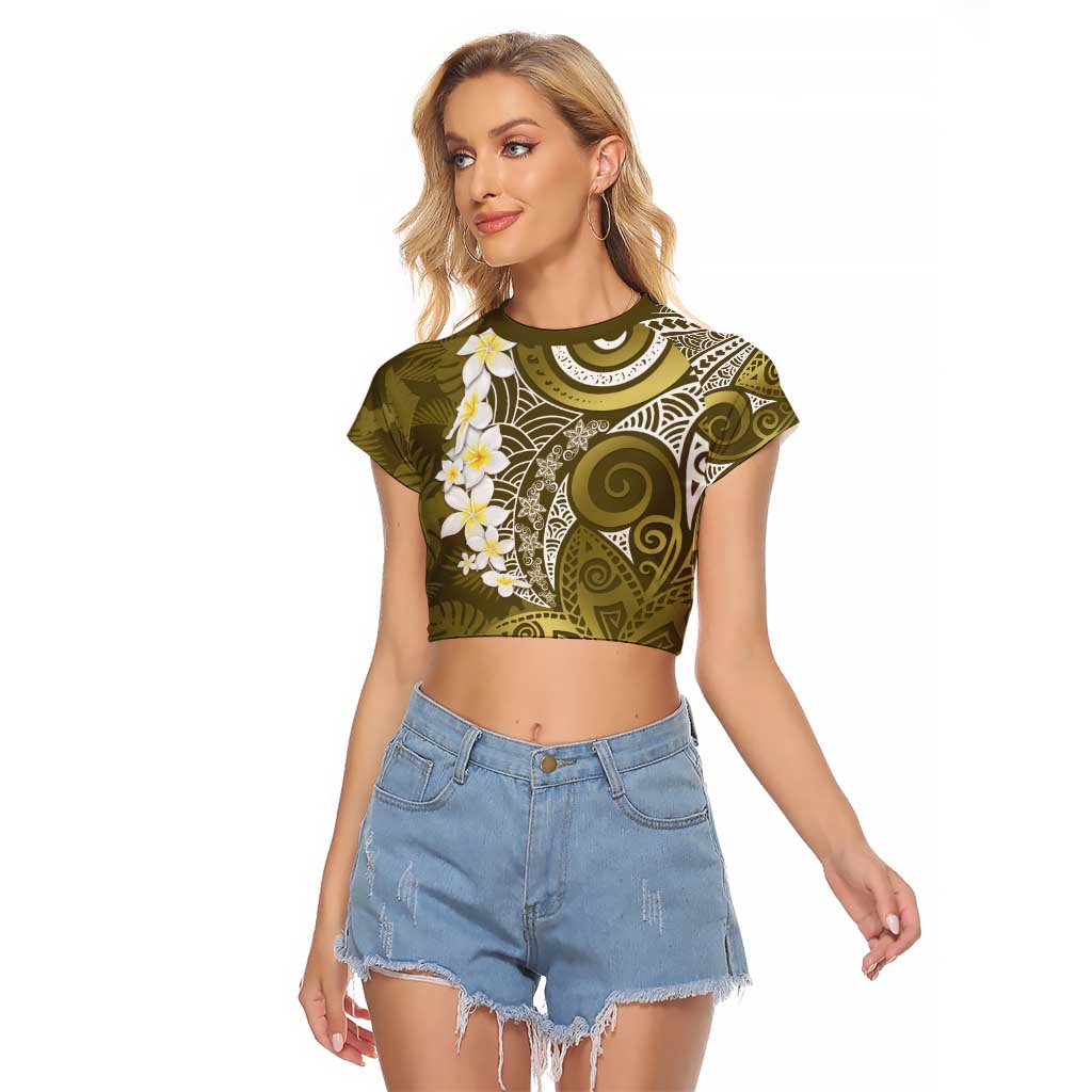 Gold Polynesian Tribal Frangipani Tropical Vibe Raglan Cropped T Shirt LT14 Female Gold - Polynesian Pride