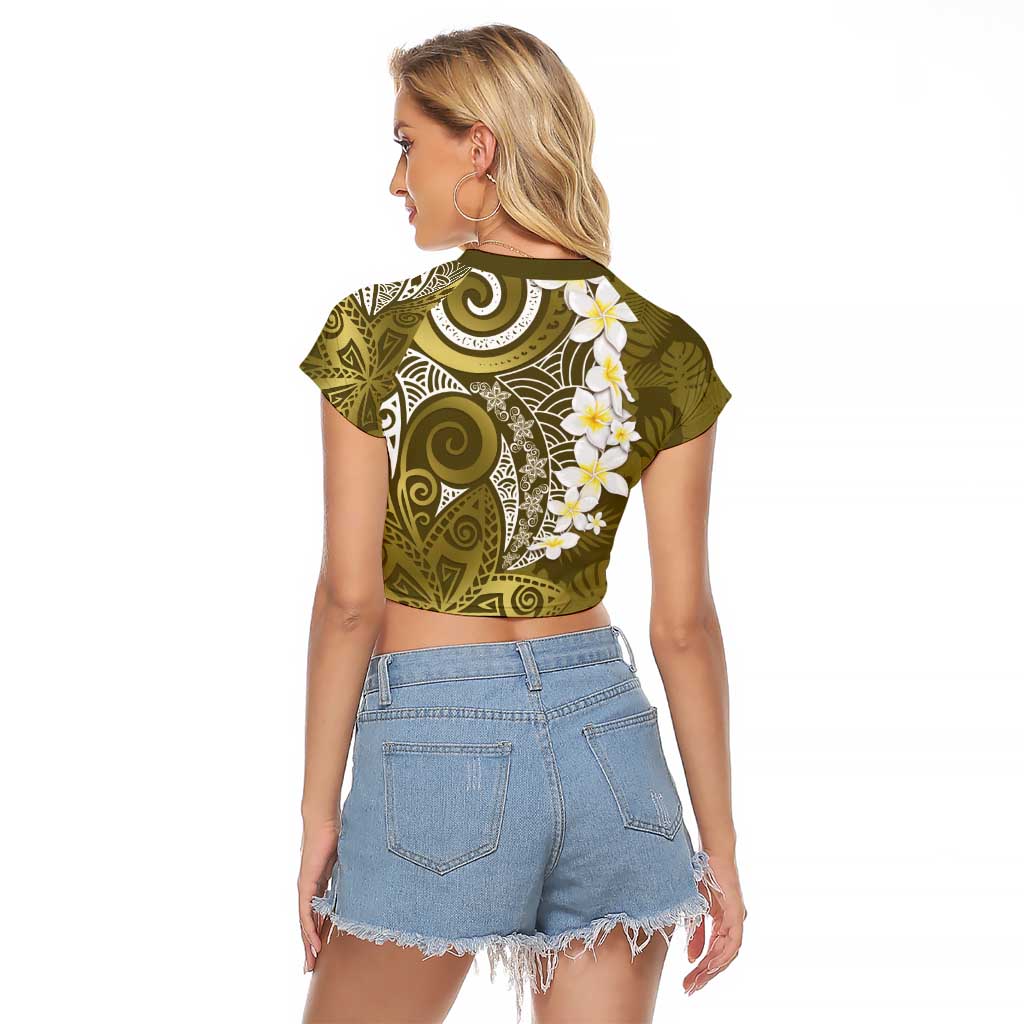 Gold Polynesian Tribal Frangipani Tropical Vibe Raglan Cropped T Shirt LT14 - Polynesian Pride