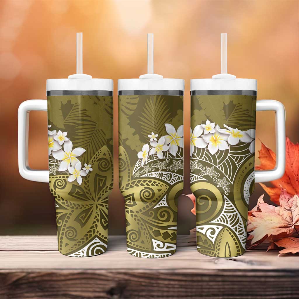 Gold Polynesian Tribal Frangipani Tropical Vibe Tumbler With Handle