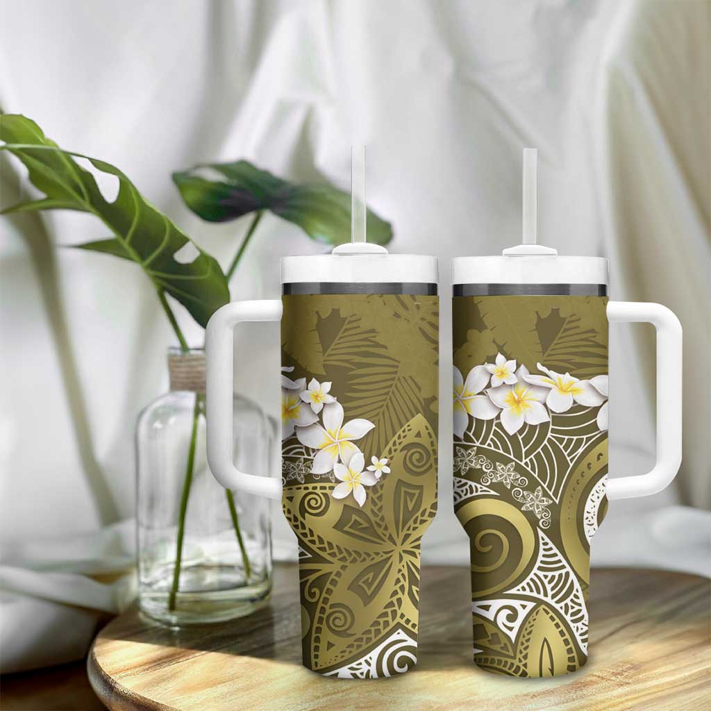 Gold Polynesian Tribal Frangipani Tropical Vibe Tumbler With Handle