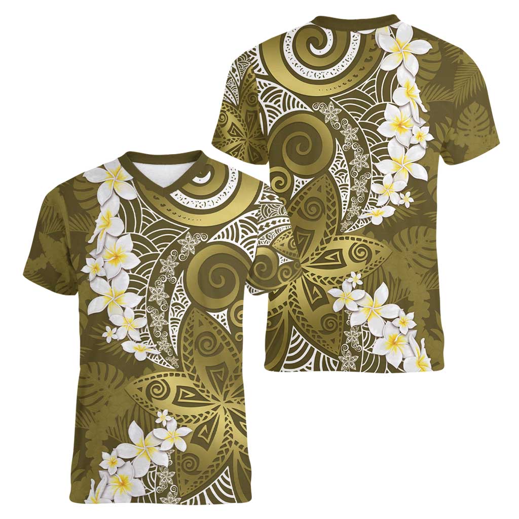 Gold Polynesian Tribal Frangipani Tropical Vibe Women V-Neck T-Shirt LT14 - Polynesian Pride