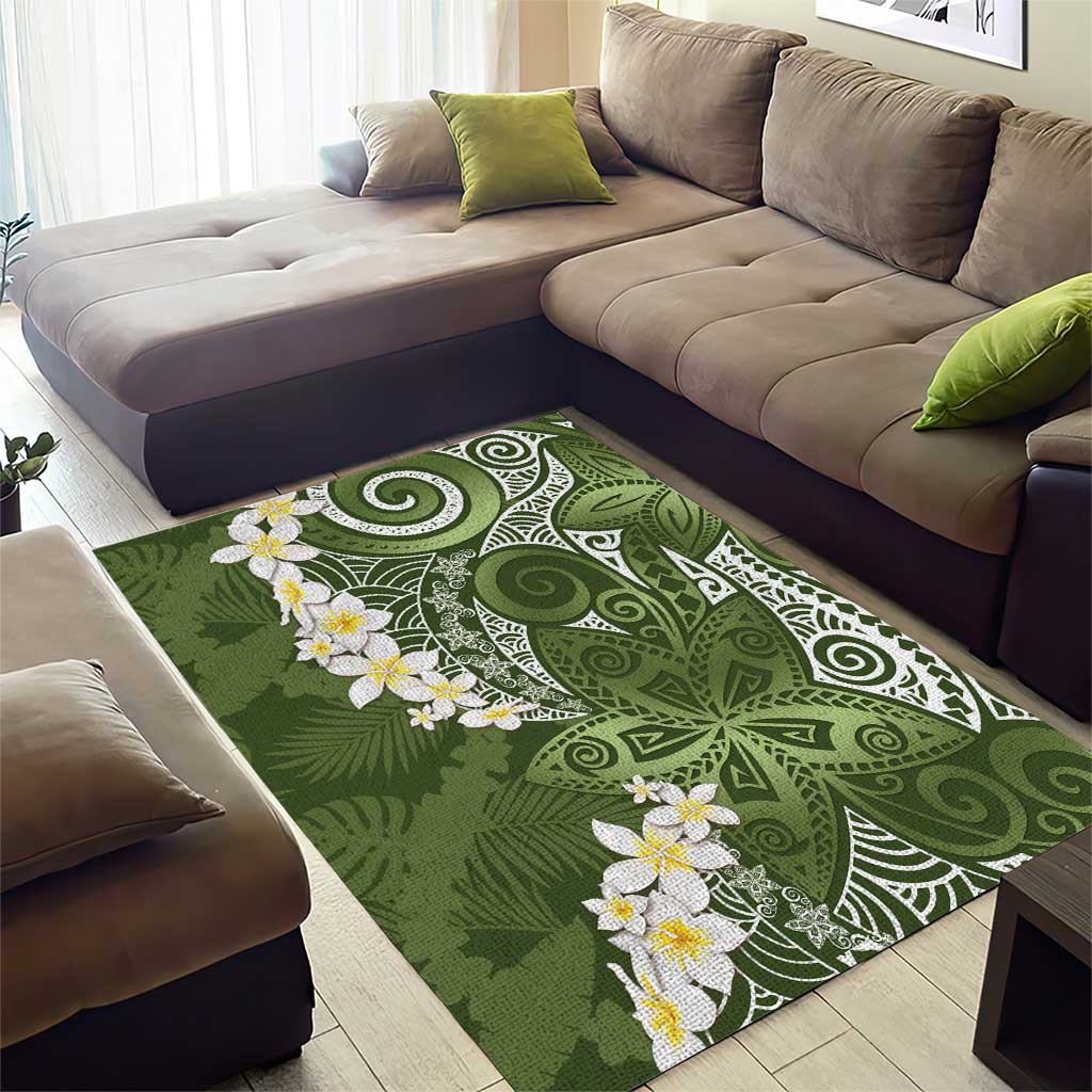 Green Polynesian Tribal Frangipani Tropical Vibe Area Rug