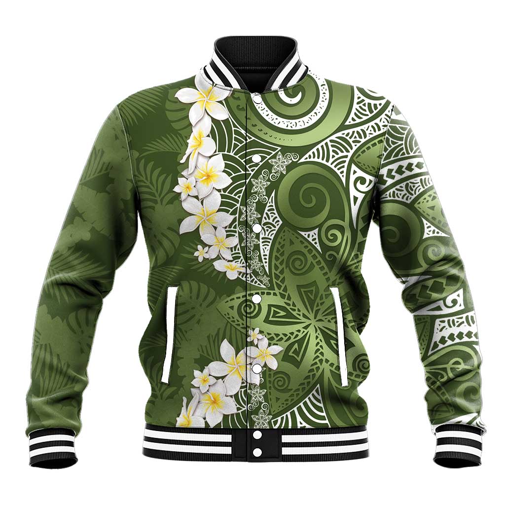 Green Polynesian Tribal Frangipani Tropical Vibe Baseball Jacket