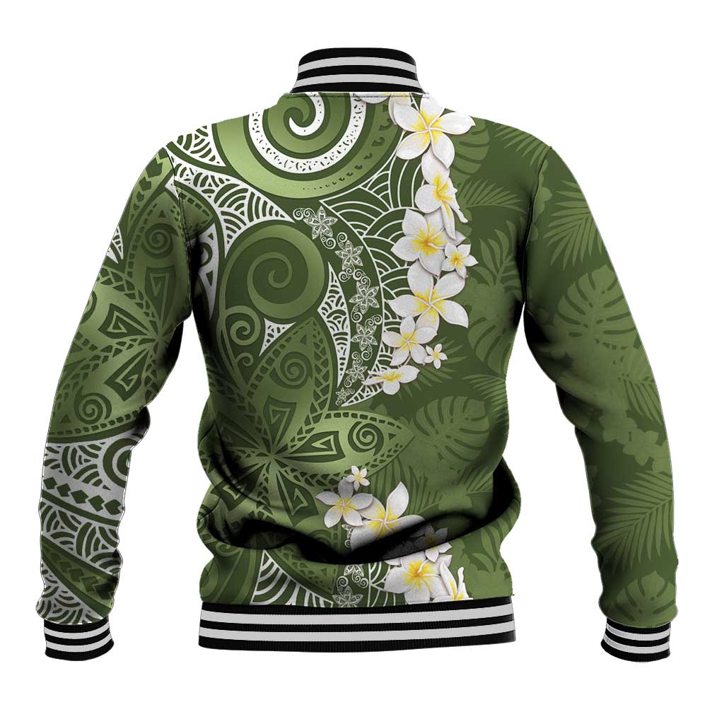 Green Polynesian Tribal Frangipani Tropical Vibe Baseball Jacket