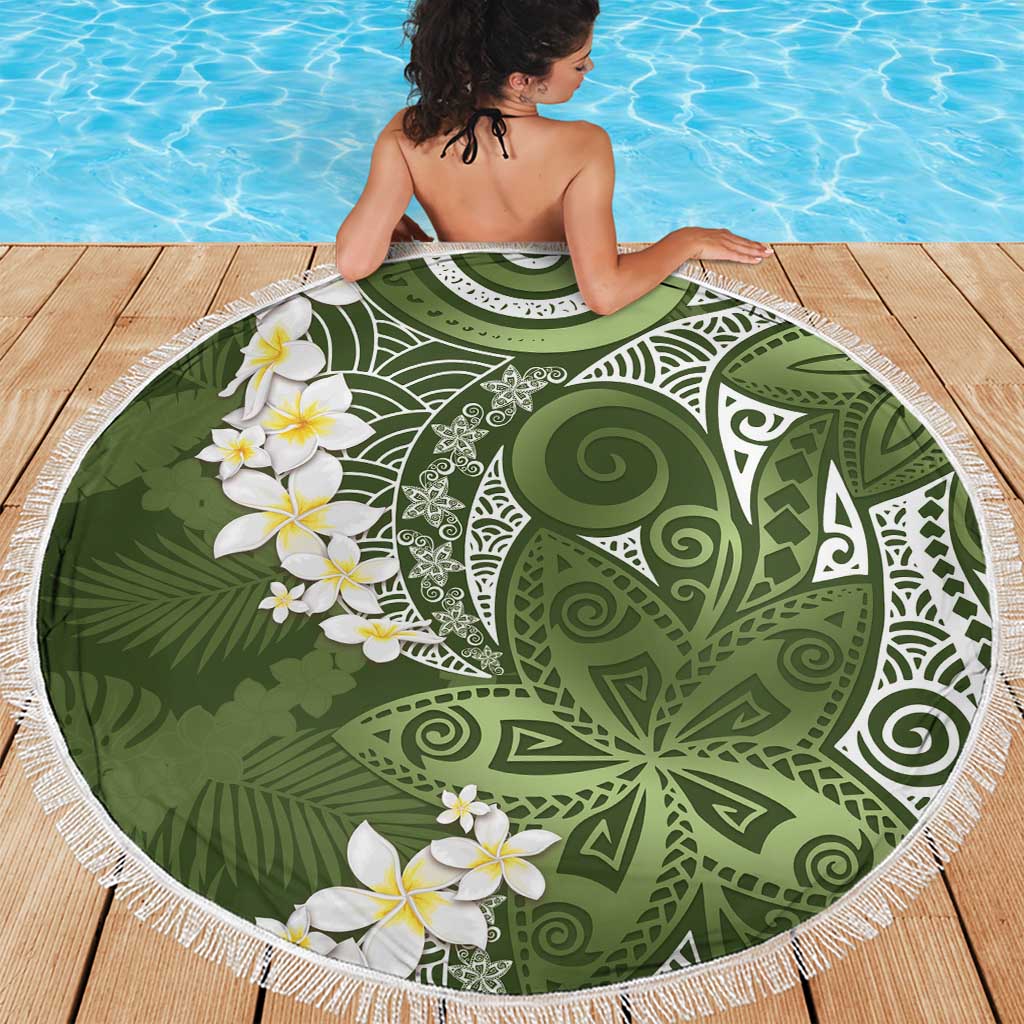 Green Polynesian Tribal Frangipani Tropical Vibe Beach Blanket