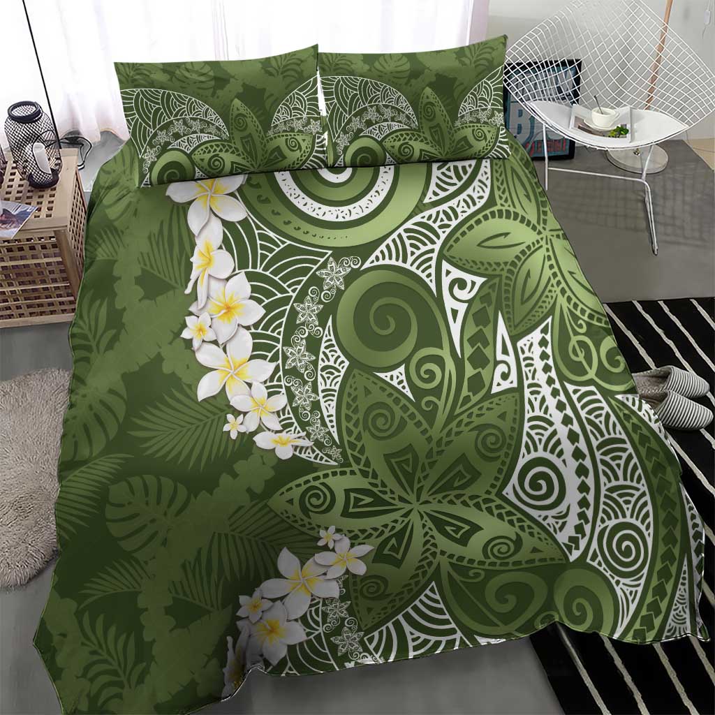 Green Polynesian Tribal Frangipani Tropical Vibe Bedding Set