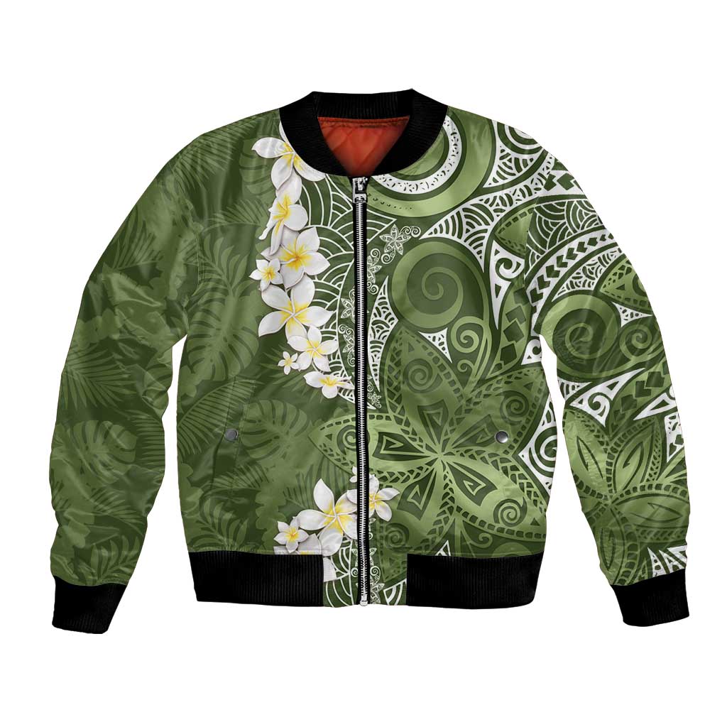Green Polynesian Tribal Frangipani Tropical Vibe Bomber Jacket