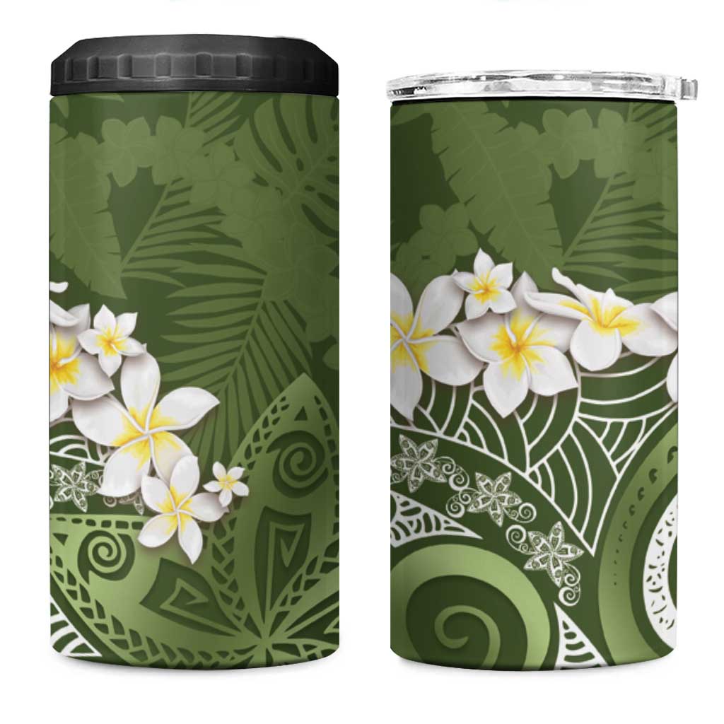 Green Polynesian Tribal Frangipani Tropical Vibe 4 in 1 Can Cooler Tumbler