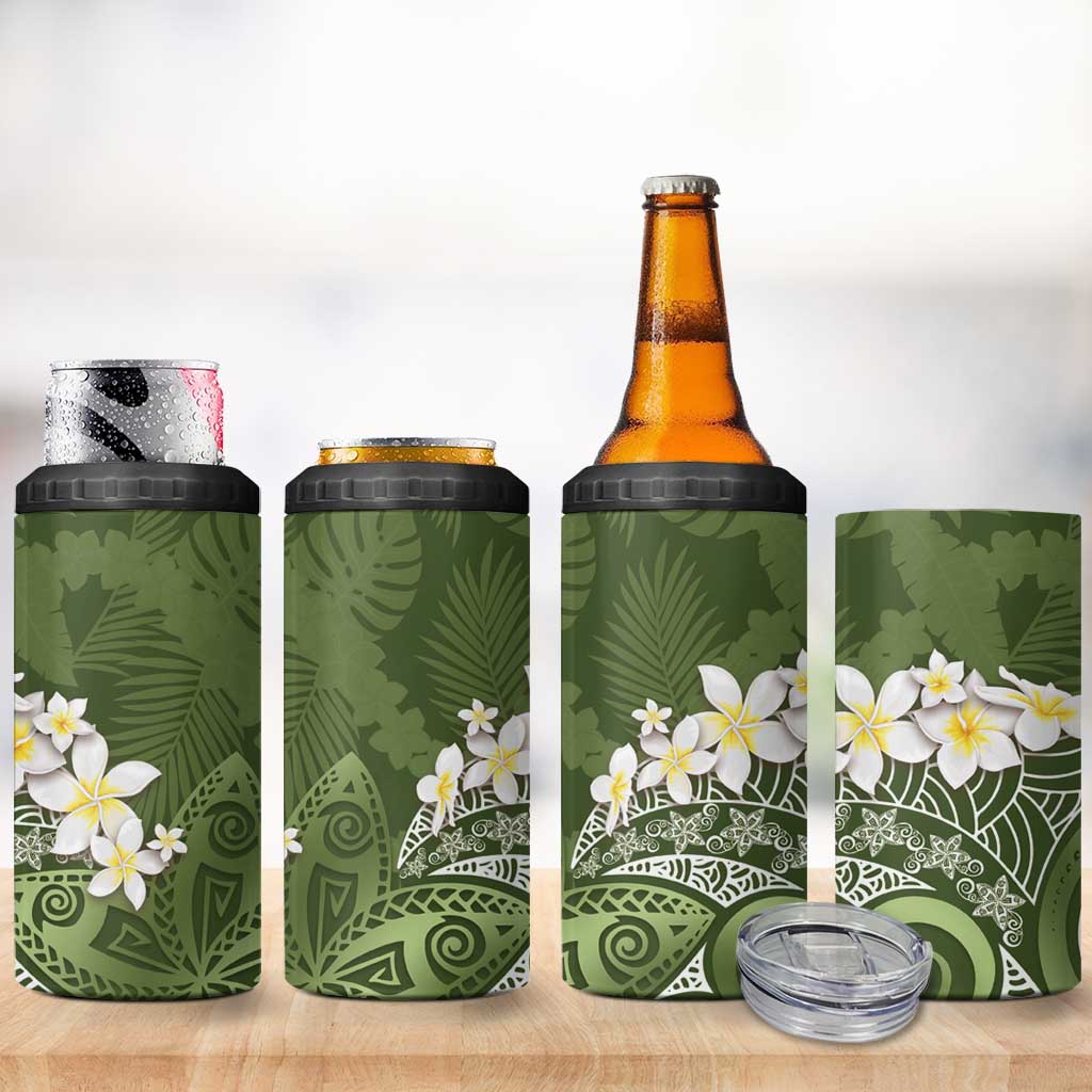 Green Polynesian Tribal Frangipani Tropical Vibe 4 in 1 Can Cooler Tumbler LT14 - Polynesian Pride