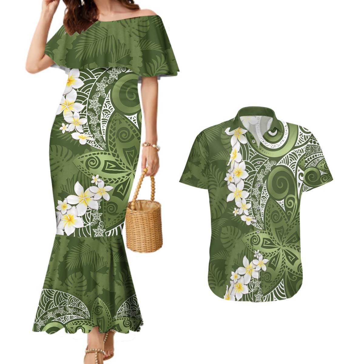 Green Polynesian Tribal Frangipani Tropical Vibe Couples Matching Mermaid Dress and Hawaiian Shirt