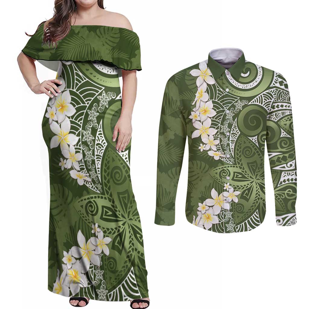 Green Polynesian Tribal Frangipani Tropical Vibe Couples Matching Off Shoulder Maxi Dress and Long Sleeve Button Shirt LT14 Green - Polynesian Pride