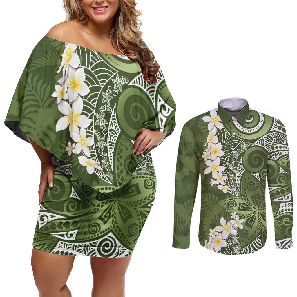 Green Polynesian Tribal Frangipani Tropical Vibe Couples Matching Off Shoulder Short Dress and Long Sleeve Button Shirt LT14 Green - Polynesian Pride