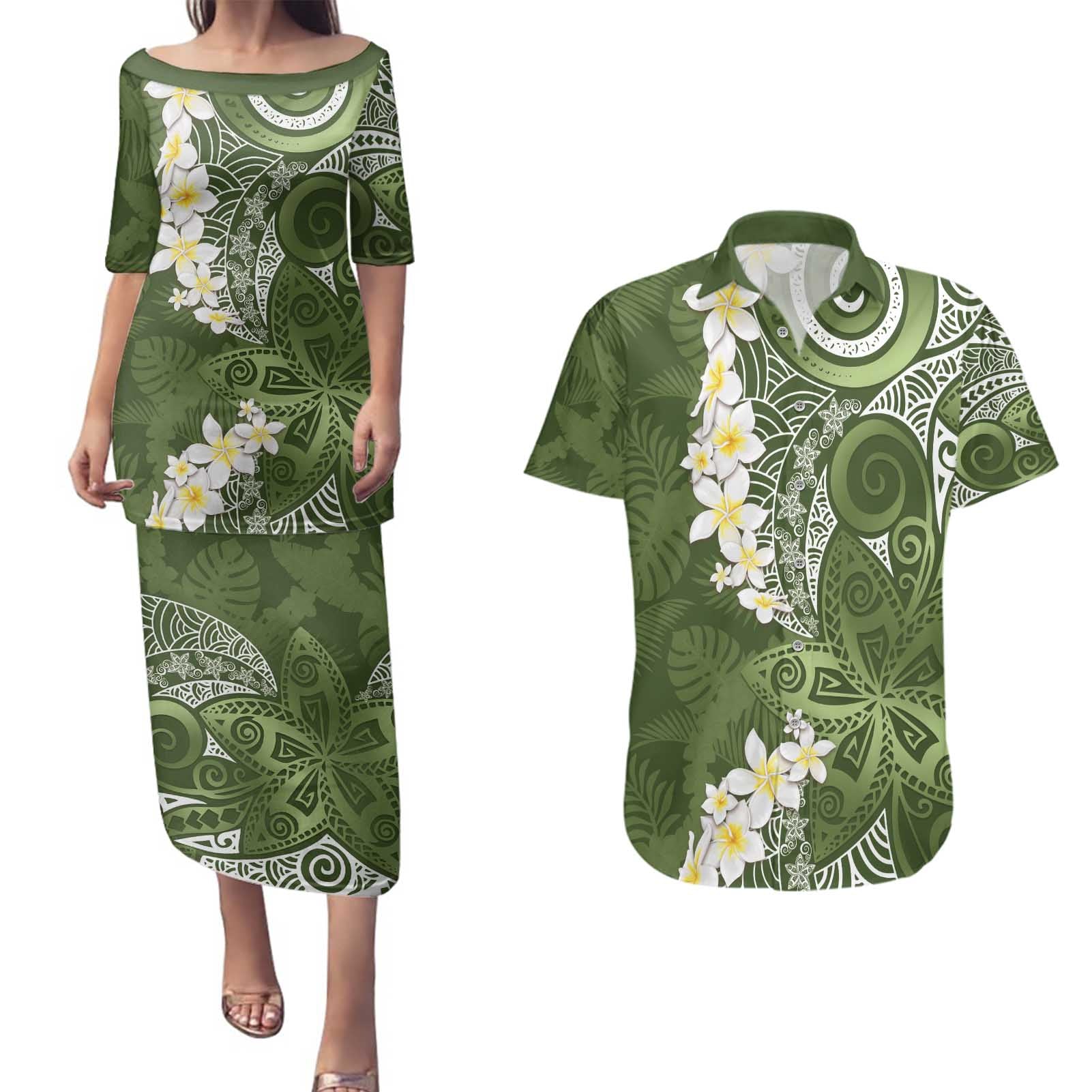 Green Polynesian Tribal Frangipani Tropical Vibe Couples Matching Puletasi and Hawaiian Shirt