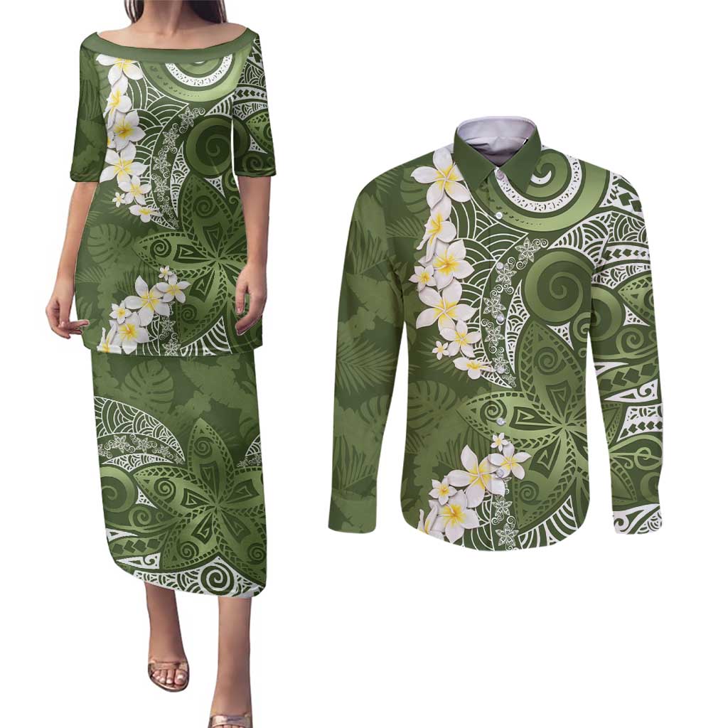Green Polynesian Tribal Frangipani Tropical Vibe Couples Matching Puletasi and Long Sleeve Button Shirt LT14 Green - Polynesian Pride