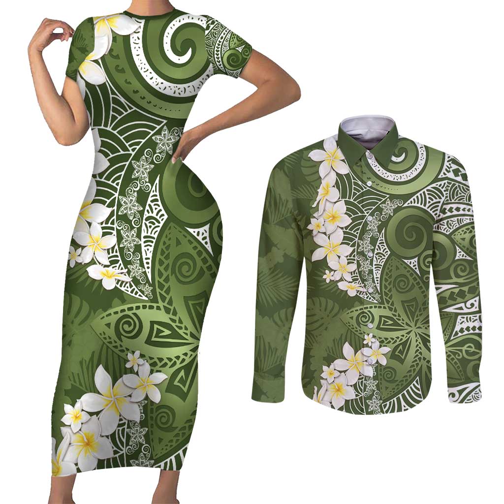 Green Polynesian Tribal Frangipani Tropical Vibe Couples Matching Short Sleeve Bodycon Dress and Long Sleeve Button Shirt LT14 Green - Polynesian Pride