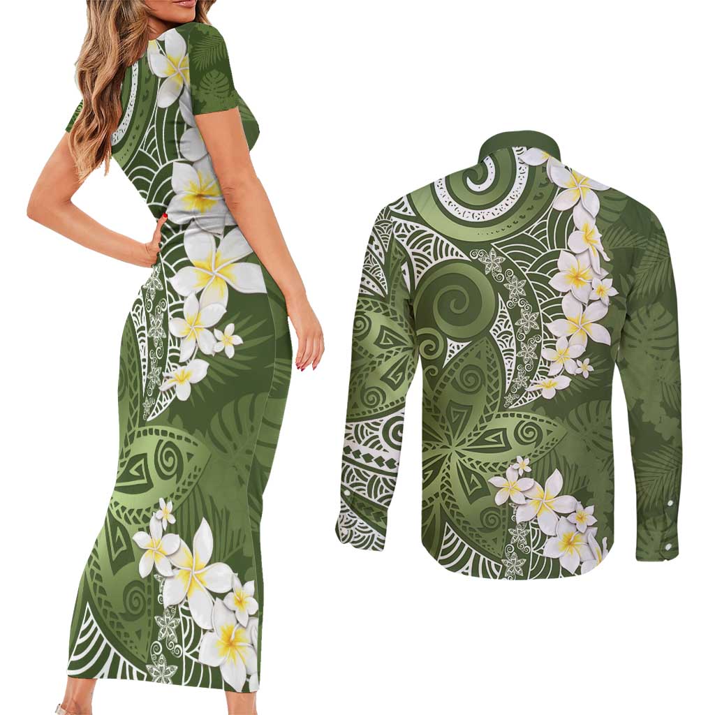 Green Polynesian Tribal Frangipani Tropical Vibe Couples Matching Short Sleeve Bodycon Dress and Long Sleeve Button Shirt LT14 - Polynesian Pride