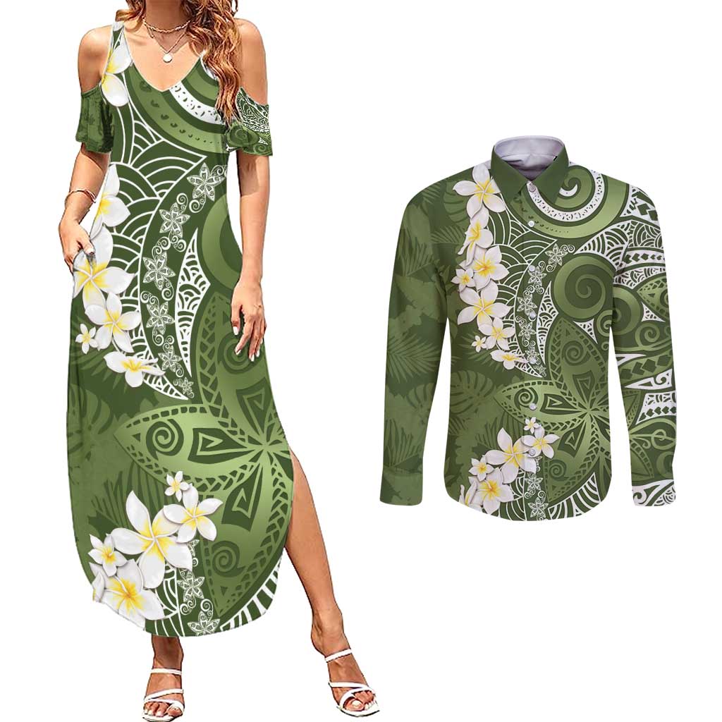 Green Polynesian Tribal Frangipani Tropical Vibe Couples Matching Summer Maxi Dress and Long Sleeve Button Shirt LT14 Green - Polynesian Pride